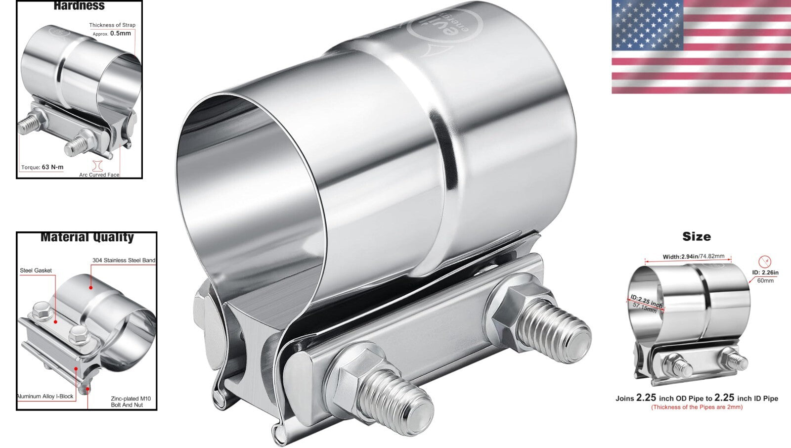 Heavy-Duty 2.25'' Exhaust Clamp - Effective for Pipes & Catalytic Converters