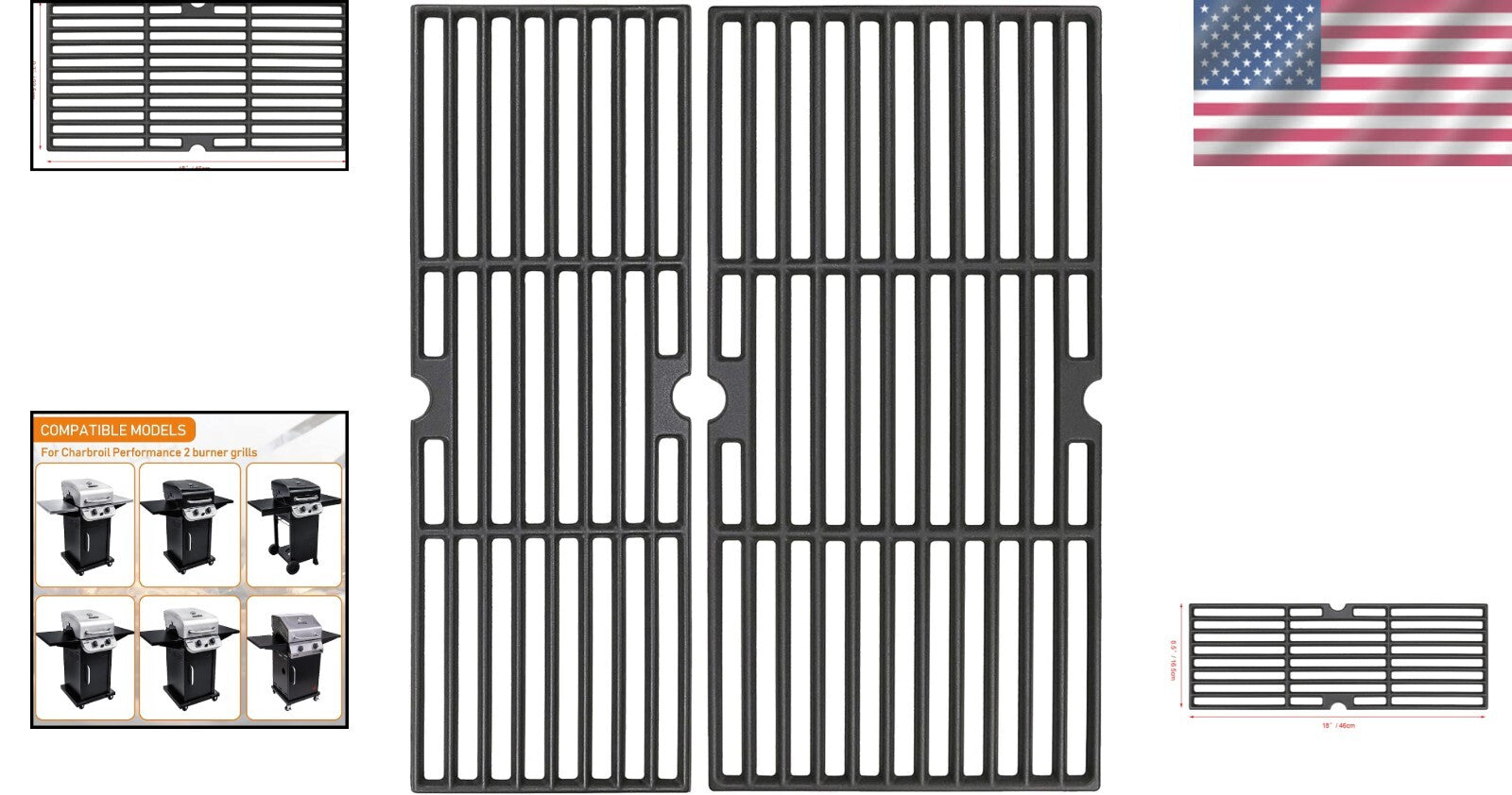 Versatile 2 Piece Cast Iron Grill Grates - Fits Charbroil Gas Grills 463673017