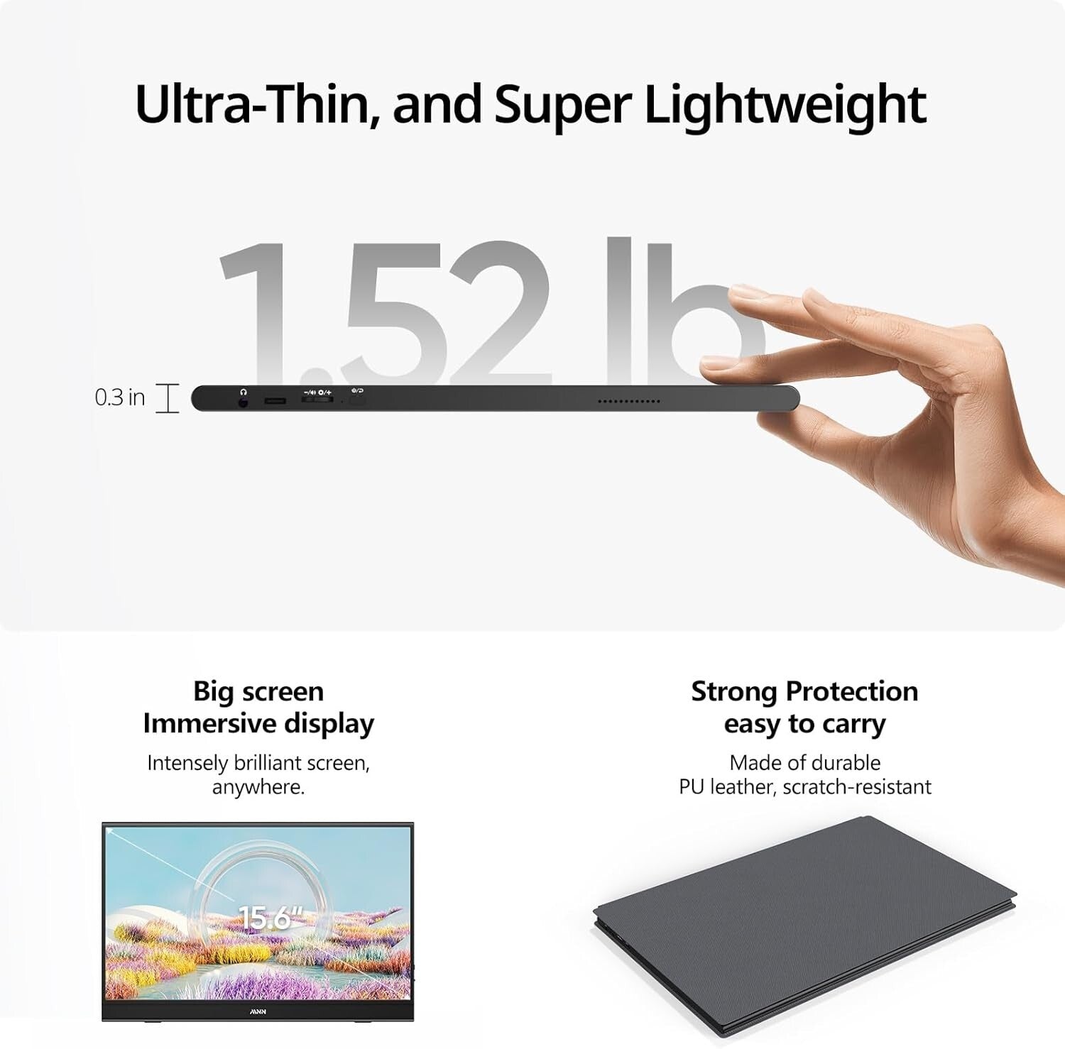 Ultra-Slim 15.6-Inch Portable Monitor - Full HD Eyecare Display with Smart Cover