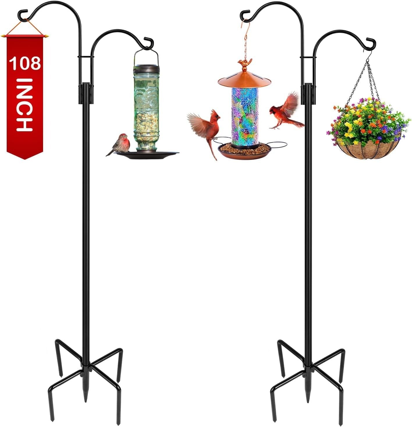 2-Pack Heavy Duty Garden Shepherd Hooks - Dual Arm for Bird Feeders and Lanterns