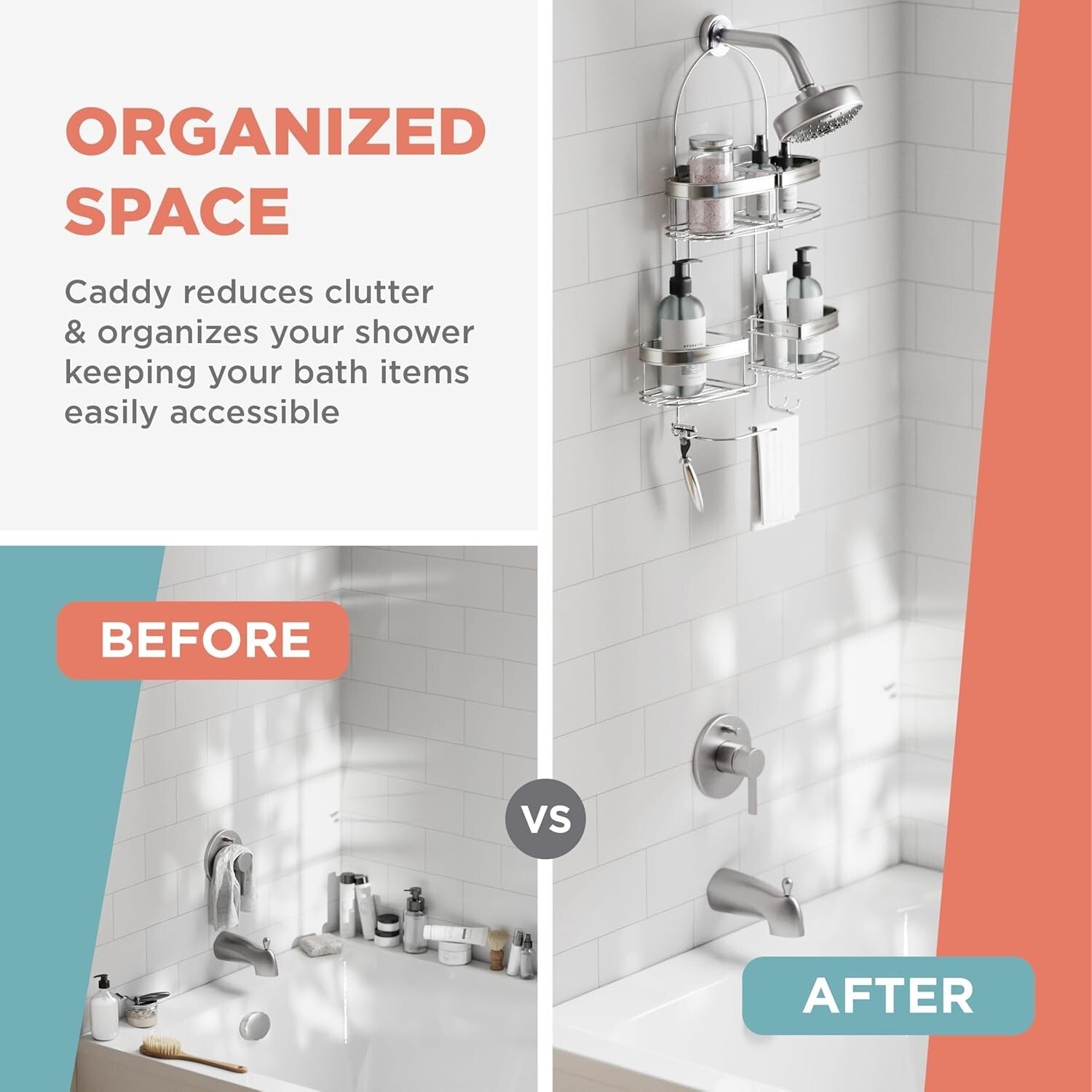 Adjustable Stainless Steel Shower Caddy with 4 Expandable Baskets for Storage