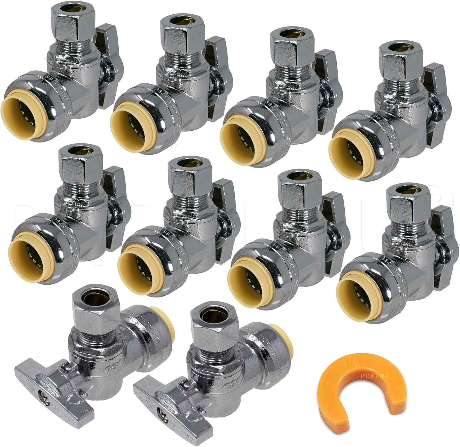 10-Pack PushFit Brass Angle Stop Valves 1/2" Nom x 3/8" OD for Reliable Plumbing