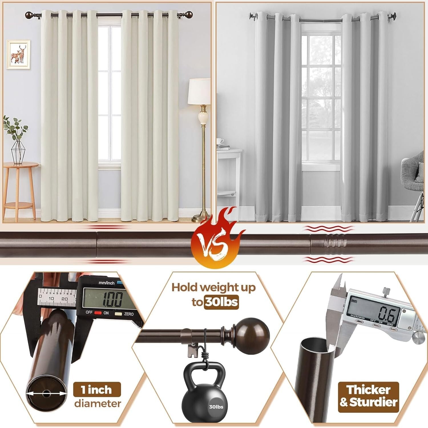 Elegant Antique Bronze Curtain Rods 120-170 Inches, Decorative Finials