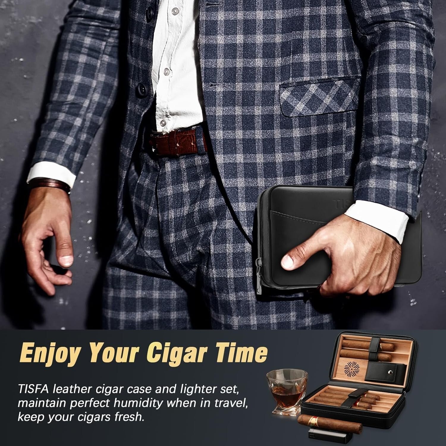 Elegant Leather Cigar Humidor - Portable Cedar Wood Travel Case with Cutter