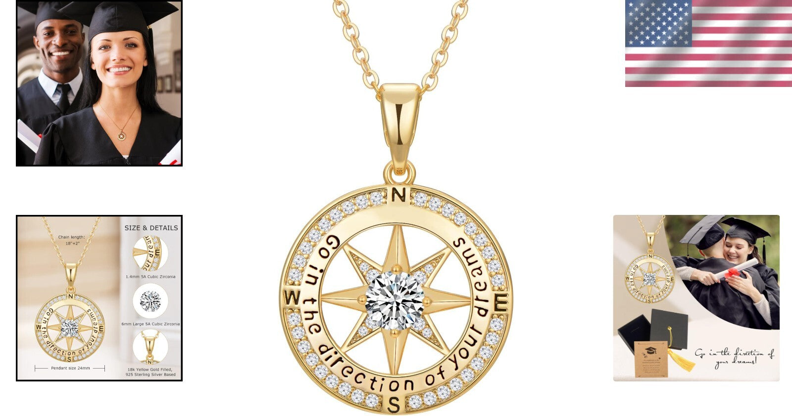 Adjustable Compass Necklace Gift Box for Graduation - Sterling Silver Jewelry