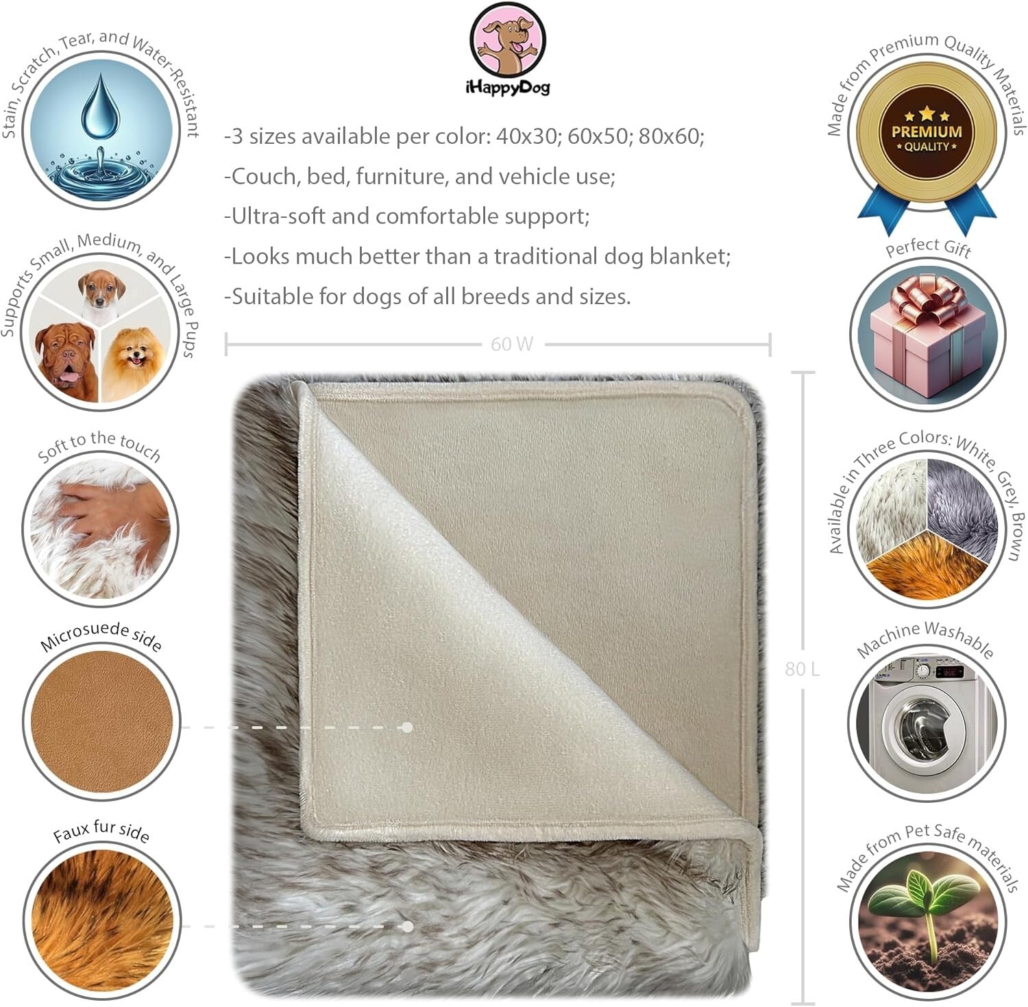 Versatile 80” x 60” Waterproof Pet Blanket - Machine Washable Faux Fur Cover