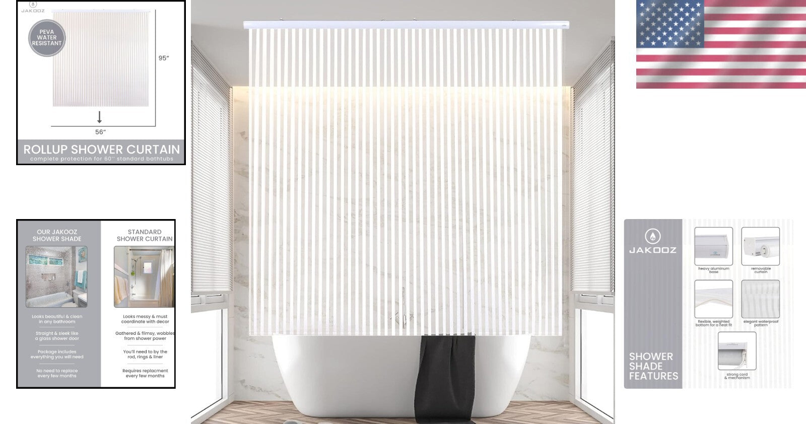 Elegant Waterproof PEVA Roll-Up Shower Curtain - Hookless & Heavy-Duty 56"x95"