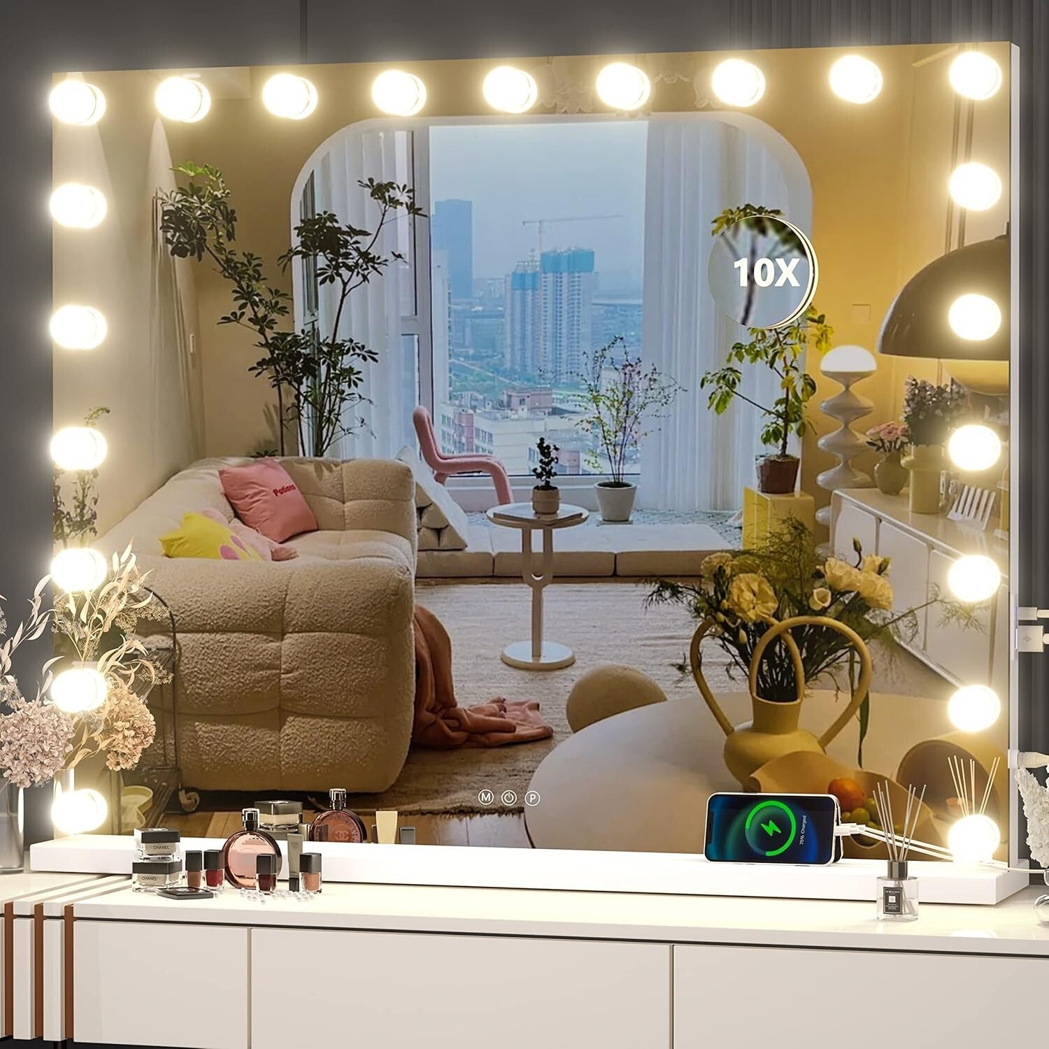 Illuminated Vanity Mirror with 21 Dimmable Bulbs & 10X Magnification, 40" x 29"