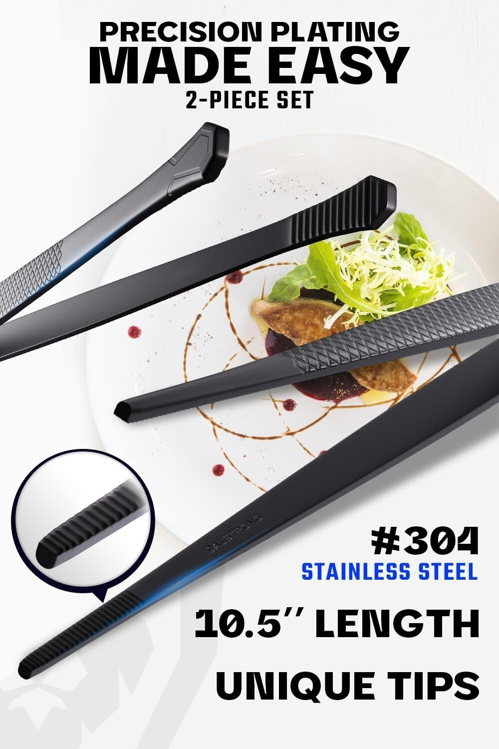 Compact 2-Piece Culinary Tongs Set - Black Titanium & Stainless Steel Tweezers