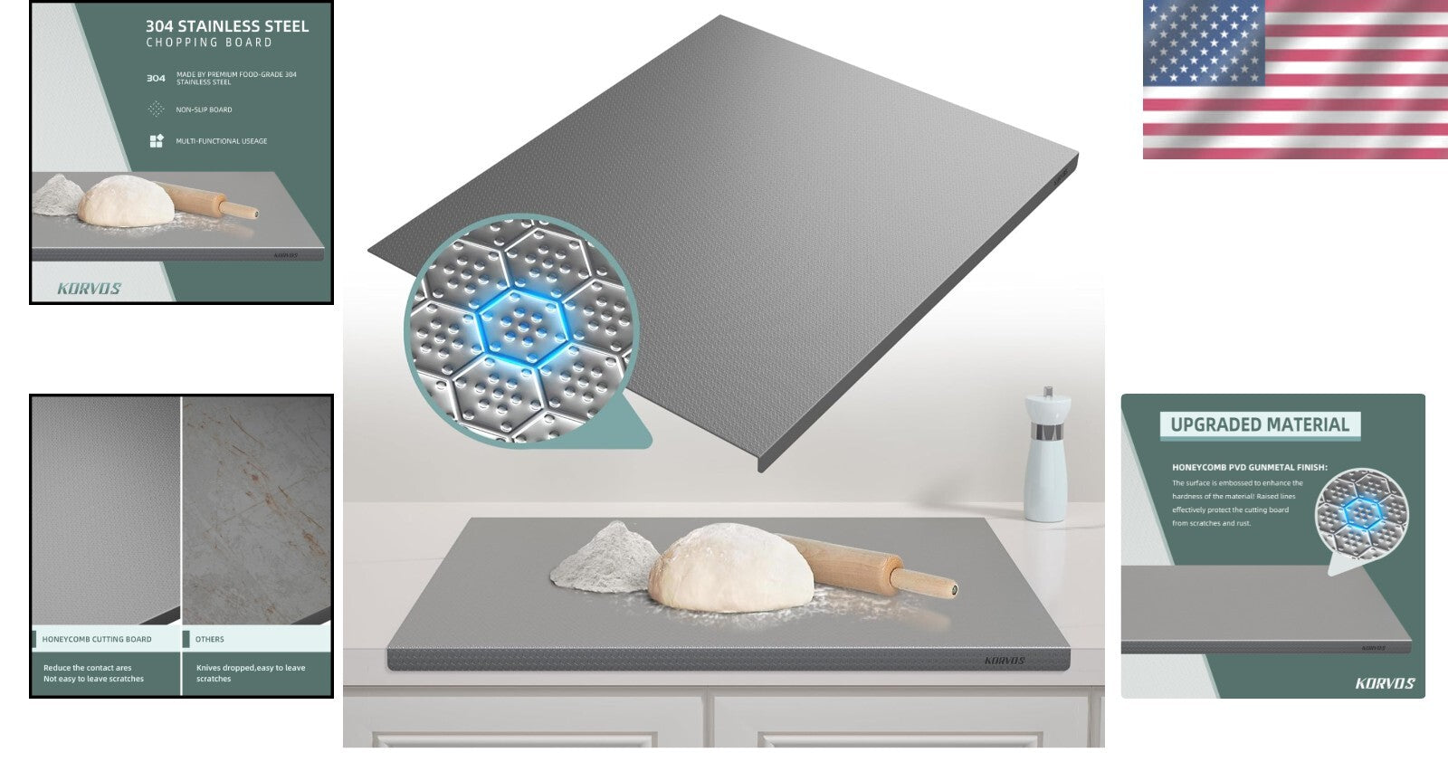 Large 23.62" x 19.68" 304 Stainless Steel Cutting Board - Heavy Duty & Non-Slip