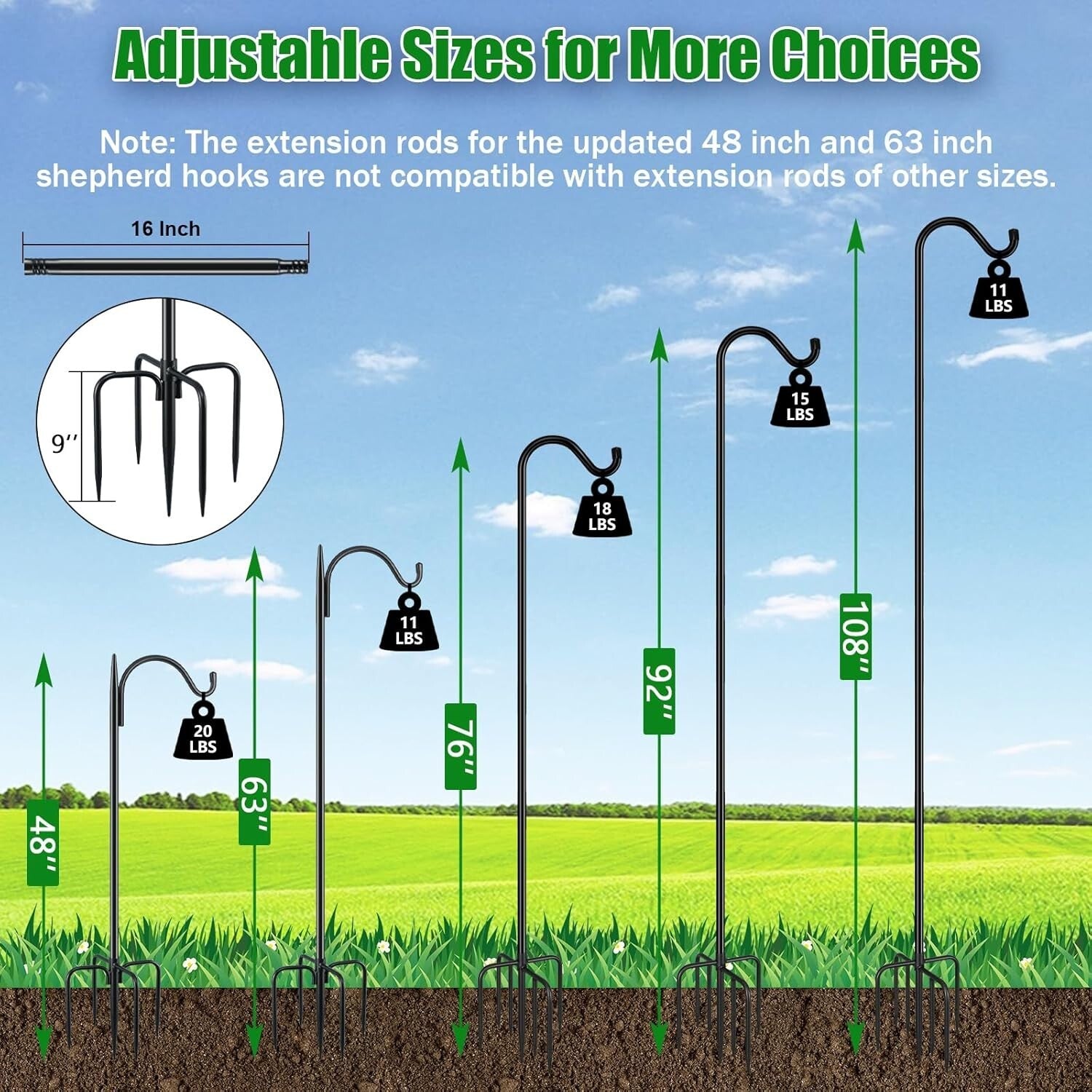 Sturdy Adjustable Shepherd Hooks - 76 Inches Tall for Plant Baskets & Lanterns