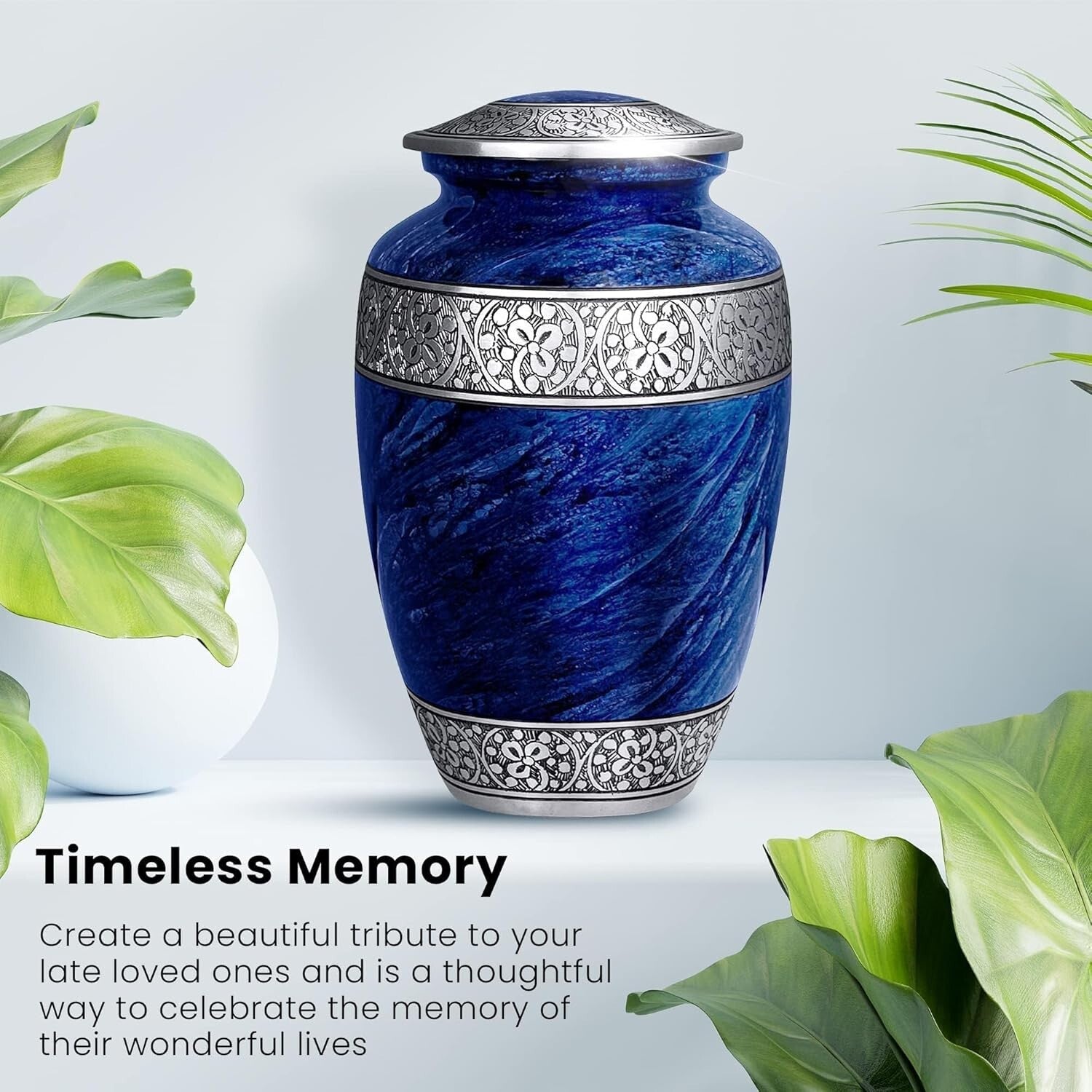 Large Blue Personalized Cremation Urn for Adult Ashes - Handcrafted Metal Design
