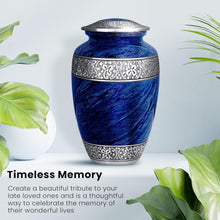 Load image into Gallery viewer, Large Blue Personalized Cremation Urn for Adult Ashes - Handcrafted Metal Design