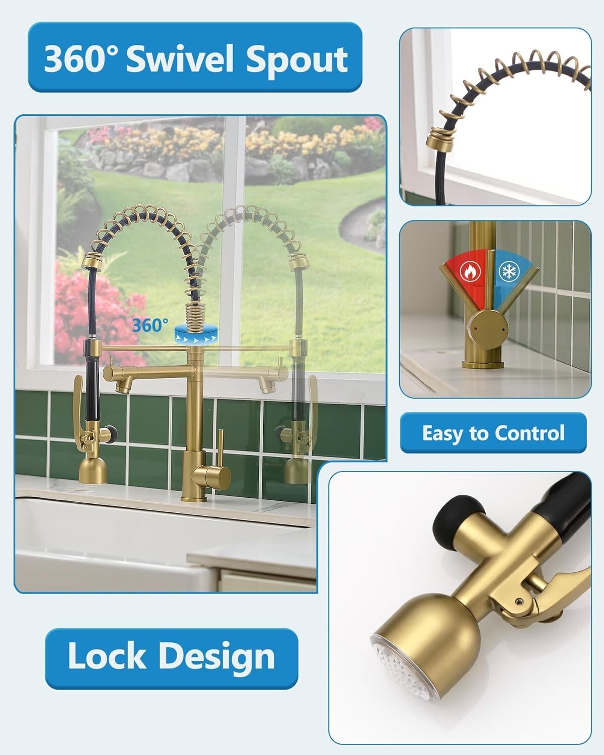 Single Handle Brushed Gold Kitchen Faucet with Temperature-Sensitive LED