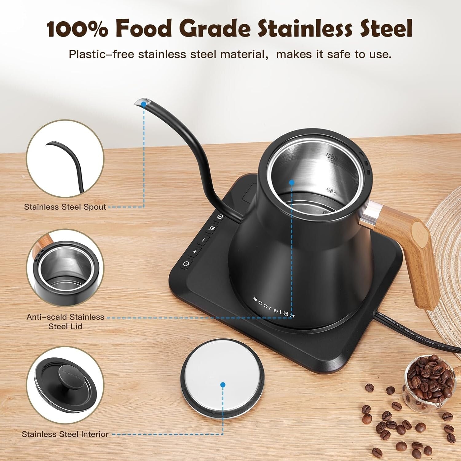 1L Stainless Steel Electric Gooseneck Kettle - Fast Heating & Automatic Shut-off