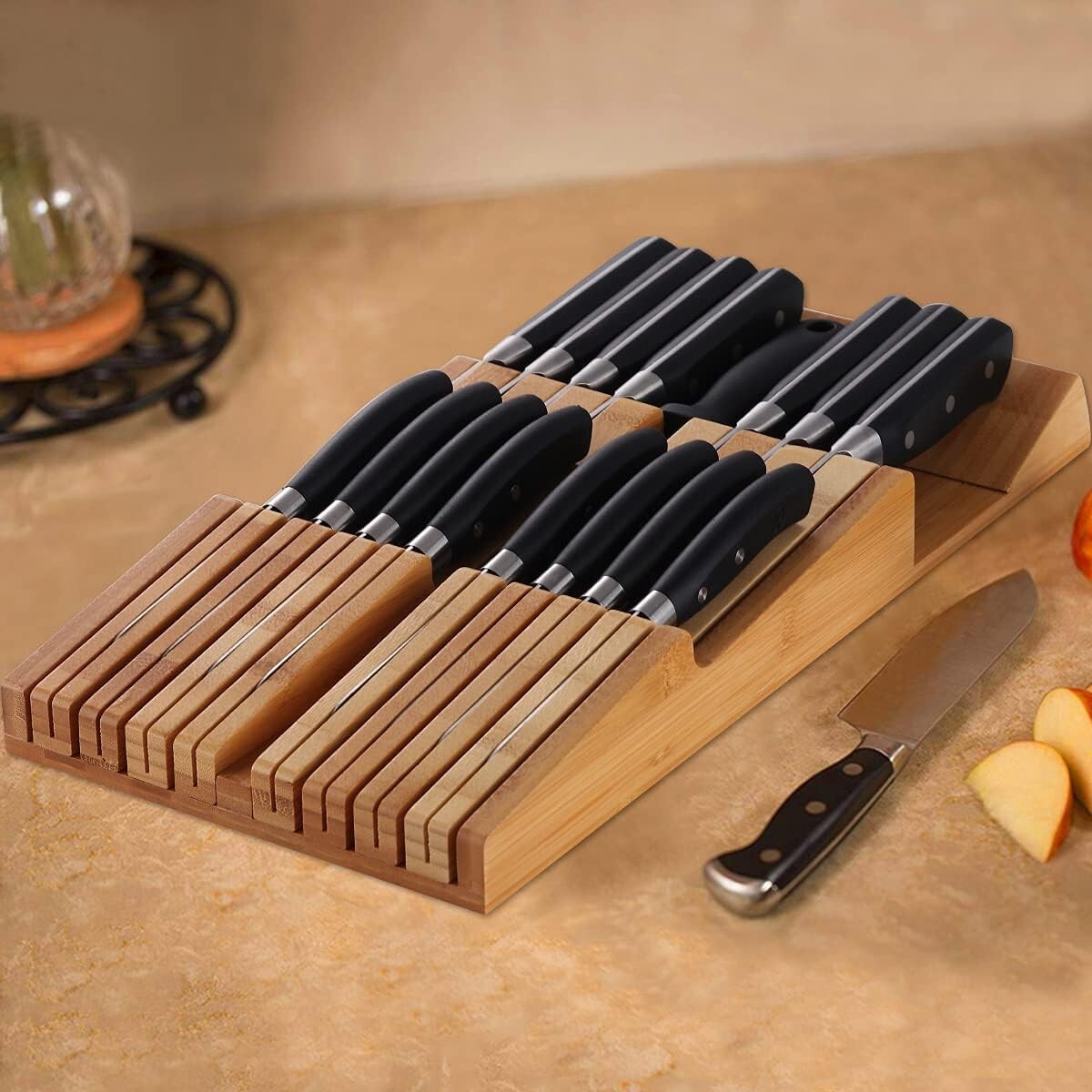 Elegant Bamboo In-Drawer Knife Block Organizer for 16 Knives - Detachable Design