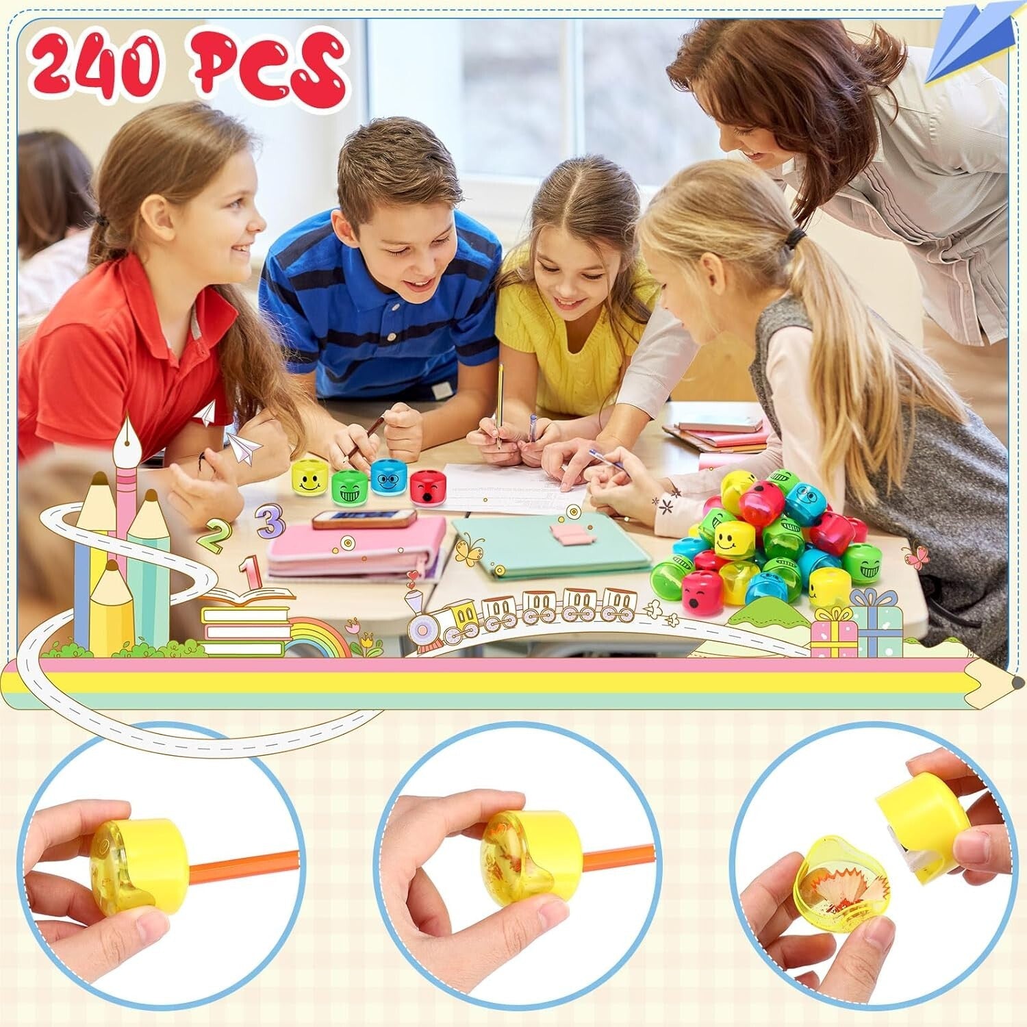 Compact Handheld Pencil Sharpener Set - 240 Cartoon Sharpeners for Classroom Fun
