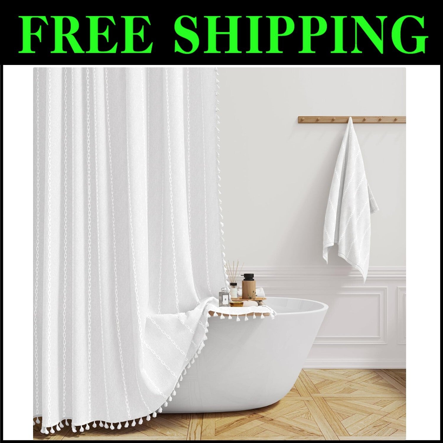 Farmhouse-Inspired Extra Long Shower Curtain 72x84 with Decorative Tassels