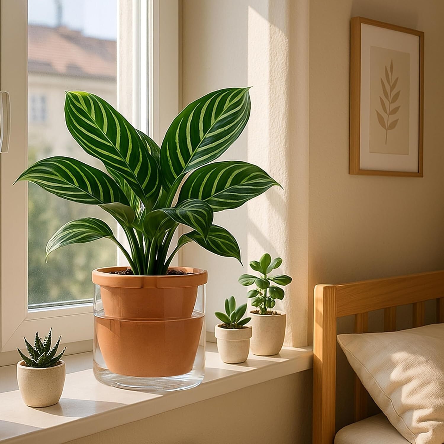 8 Inch Self-Watering Terracotta Planter with Glass Reservoir - Modern Elegance