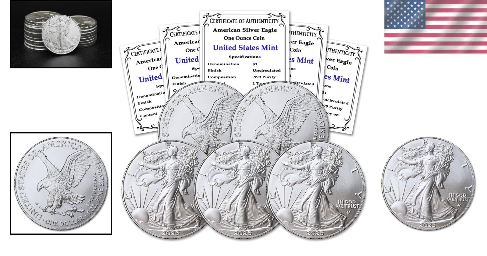 Collector's Set: 5 oz American Silver Eagle Coins, Certs Included - 2025 Edition
