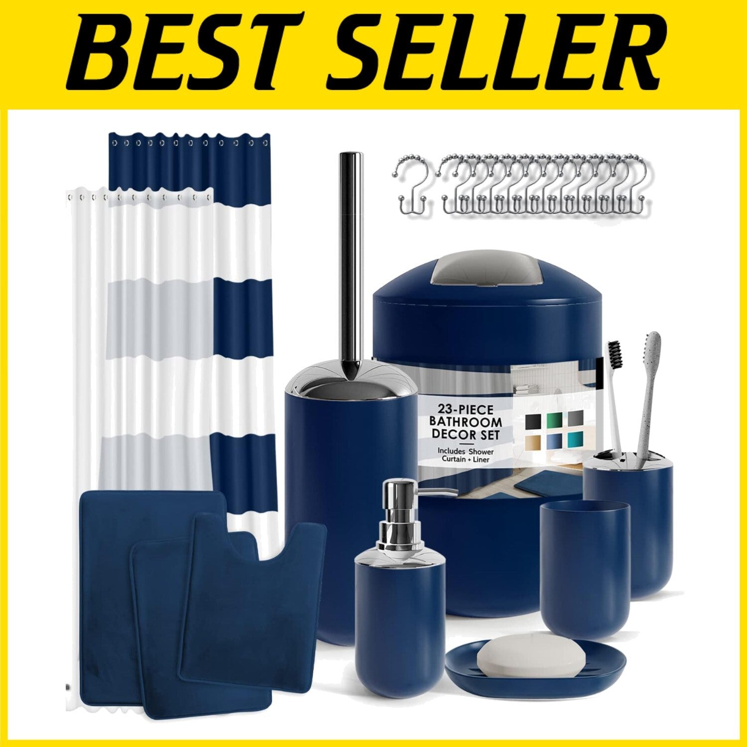 Elegant Navy Blue Bathroom Set with Rug, Shower Curtain & Accessory Essentials