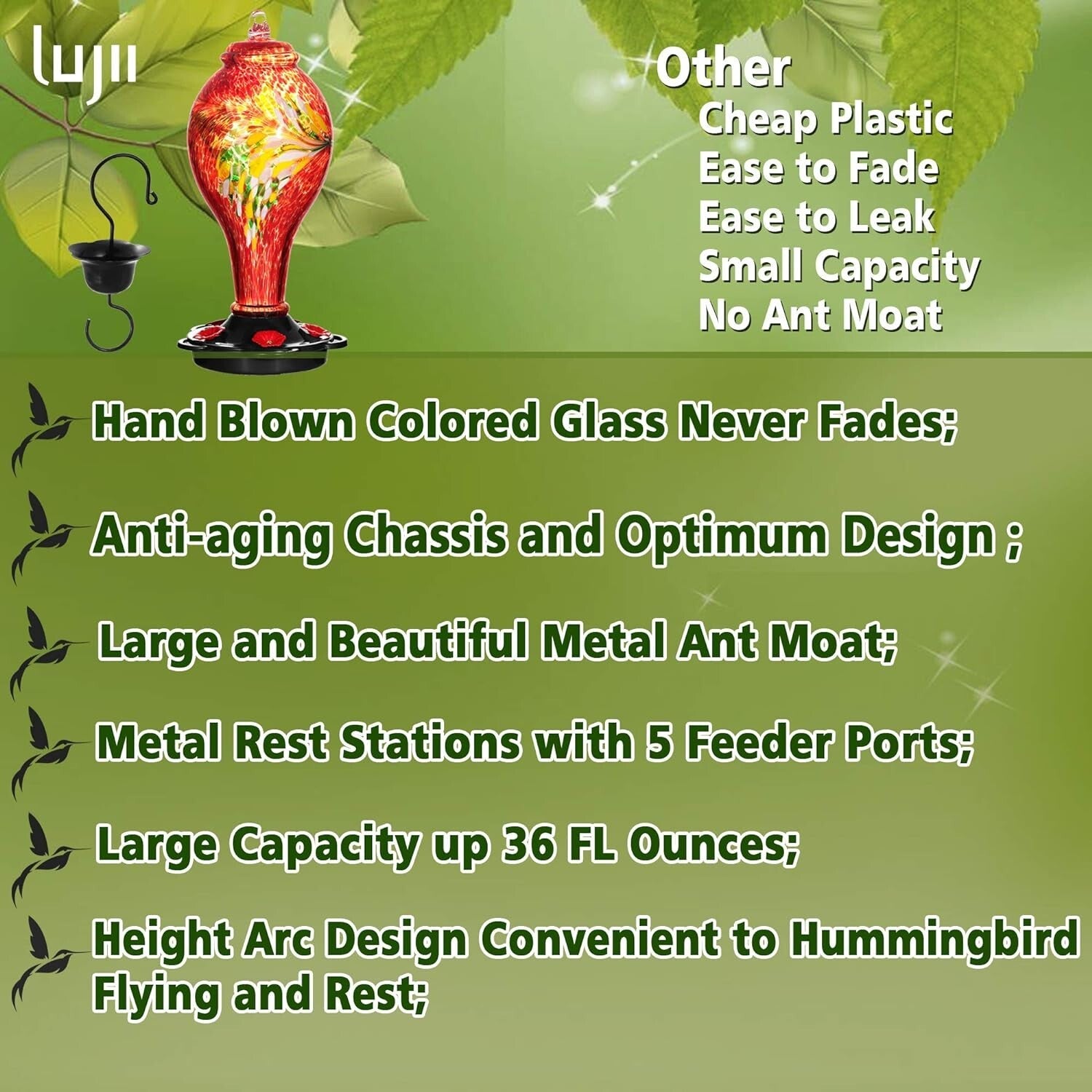 Large Capacity Hummingbird Feeder - Hand Blown Glass, Easy to Clean Design