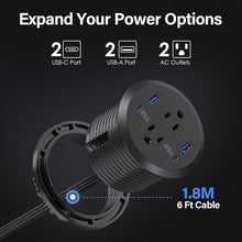 Load image into Gallery viewer, Compact Recessed Power Grommet with 2 AC Outlets &amp; 4 USB Ports - Easy Install