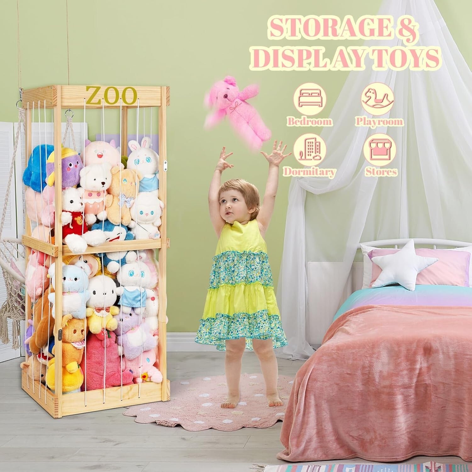 Easy Assembly Stuffed Animal Storage with Stylish Zoo Design for Kids' Rooms