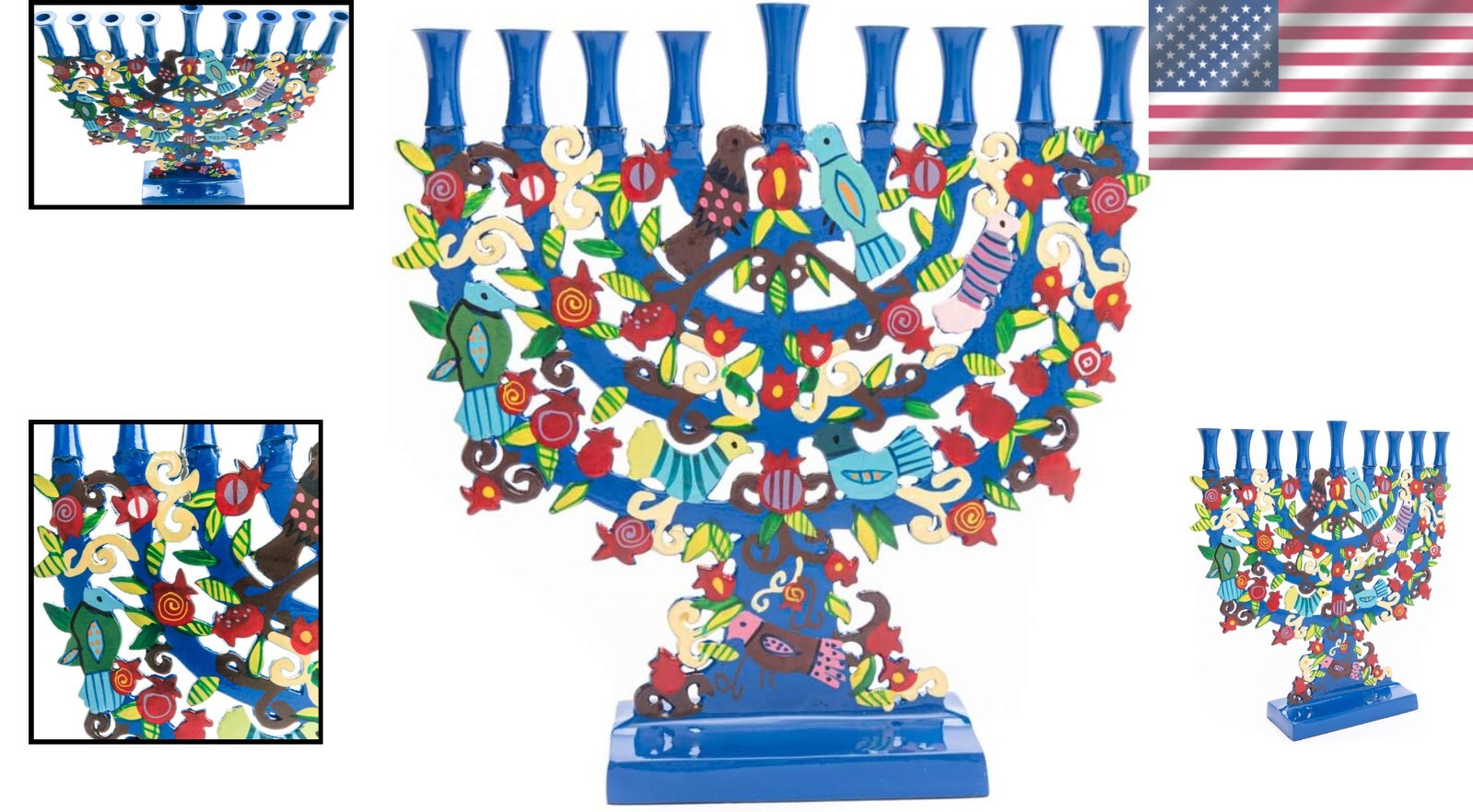 Stunning Blue Menorah Featuring Tree Design & Colorful Birds - Perfect Gift