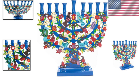 Stunning Blue Menorah Featuring Tree Design & Colorful Birds - Perfect Gift
