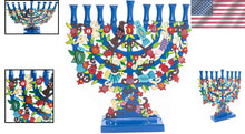 Load image into Gallery viewer, Stunning Blue Menorah Featuring Tree Design &amp; Colorful Birds - Perfect Gift