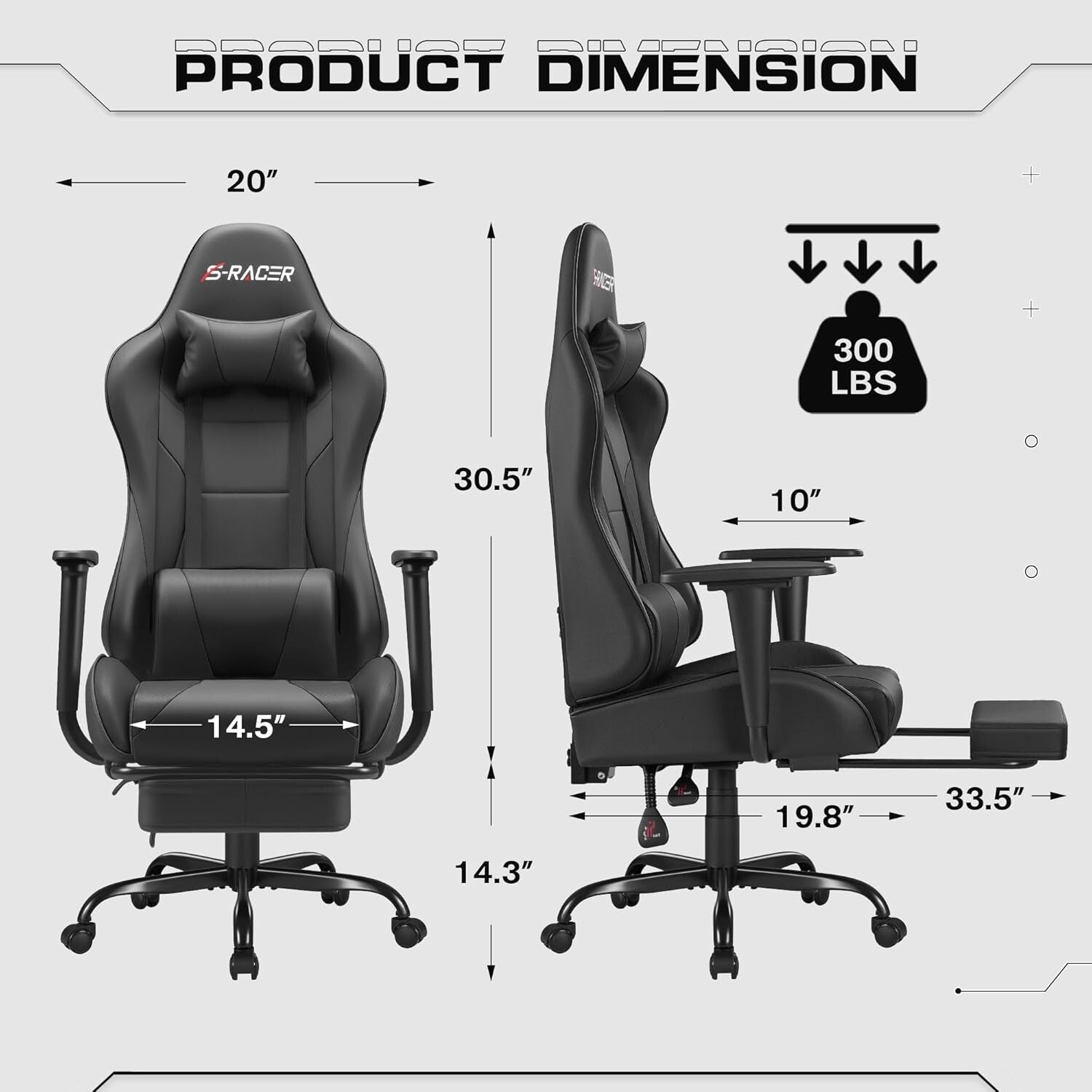 Adjustable Height Gaming Chair with Footrest & 360-Degree Swivel - Modern Black