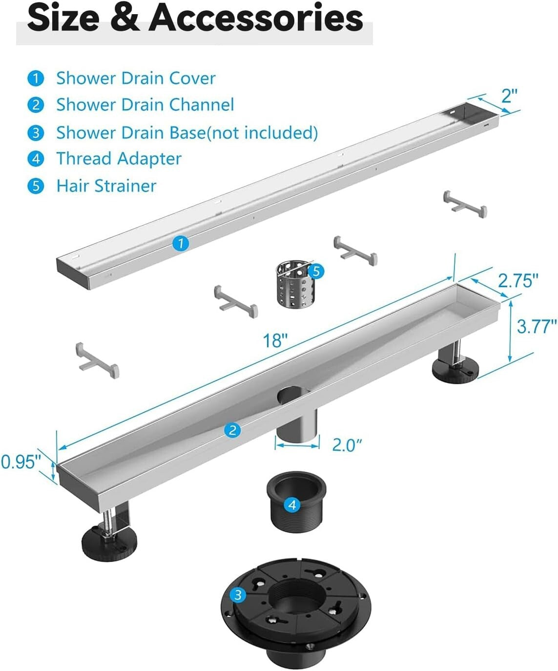 304 Stainless Steel Shower Drain with Adjustable Feet and Hair Strainer, 18 Inch