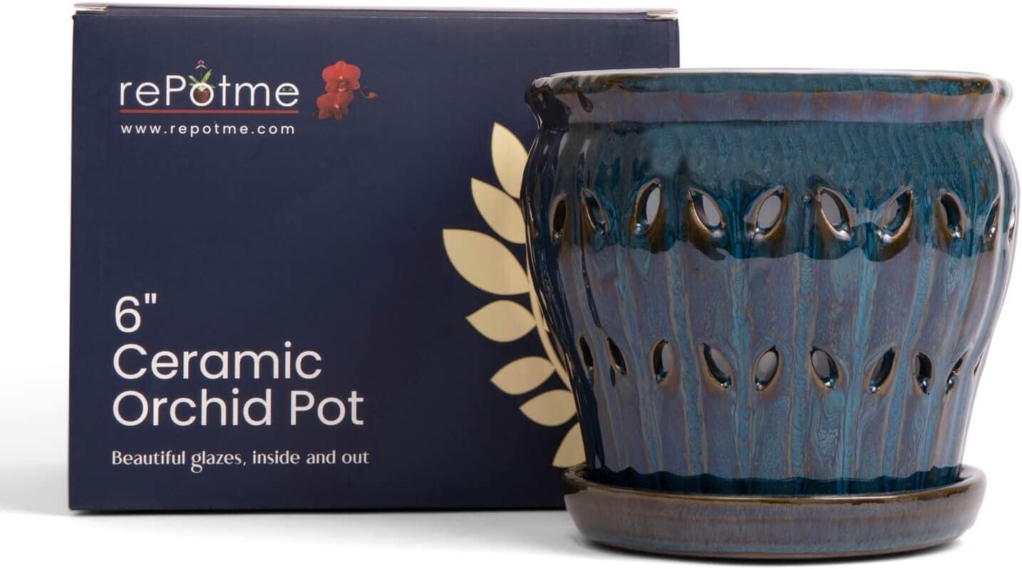 Elegant 6" Teal Jade Ceramic Orchid Pot with Drainage – Ideal for Indoor Plants