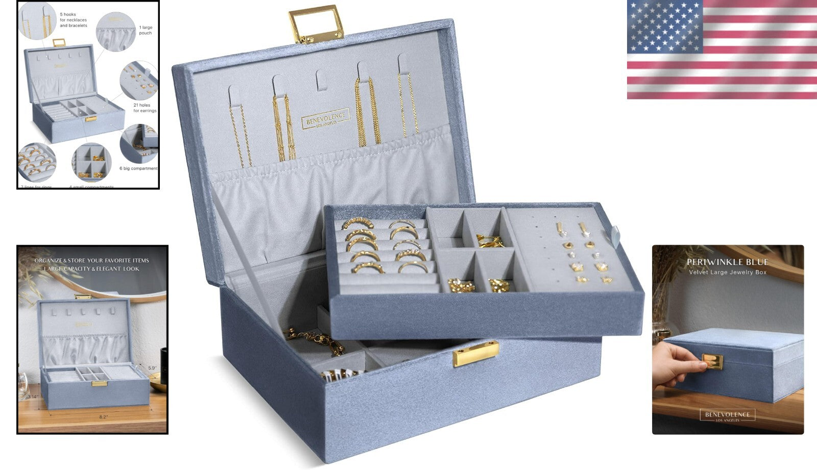 Chic Periwinkle Blue Jewelry Box - Velvet 2-Layer Organizer with Decorative Lock