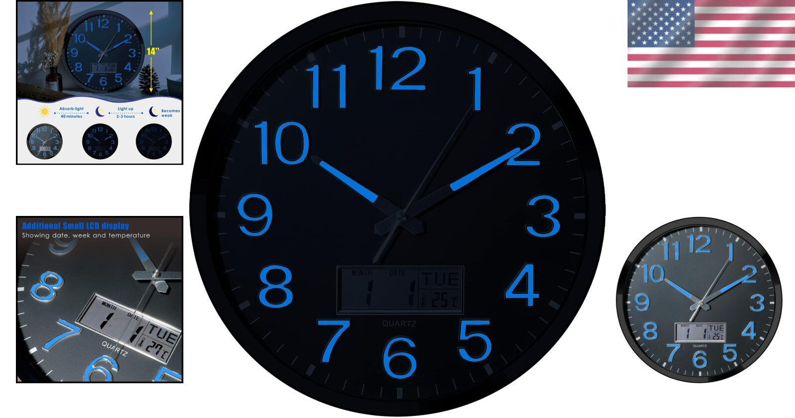 Elegant 14-Inch Battery Operated Wall Clock with Glowing Features & Temp Display