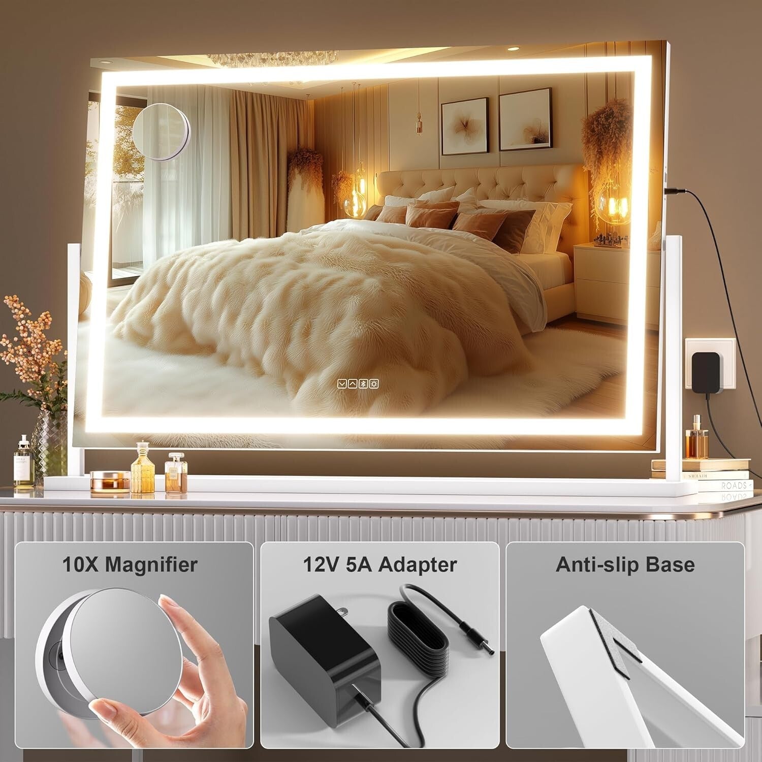 Dimmable 36x24 Vanity Mirror with 10X Magnification & Color Adjustable Lighting