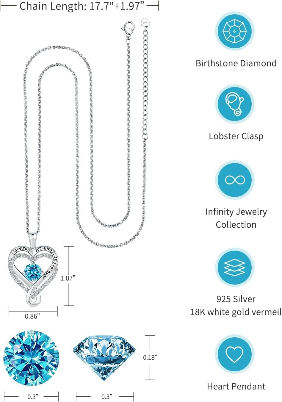 Engraved 'I Love You Forever' Necklace with Cubic Zirconia & Birthstones for Her