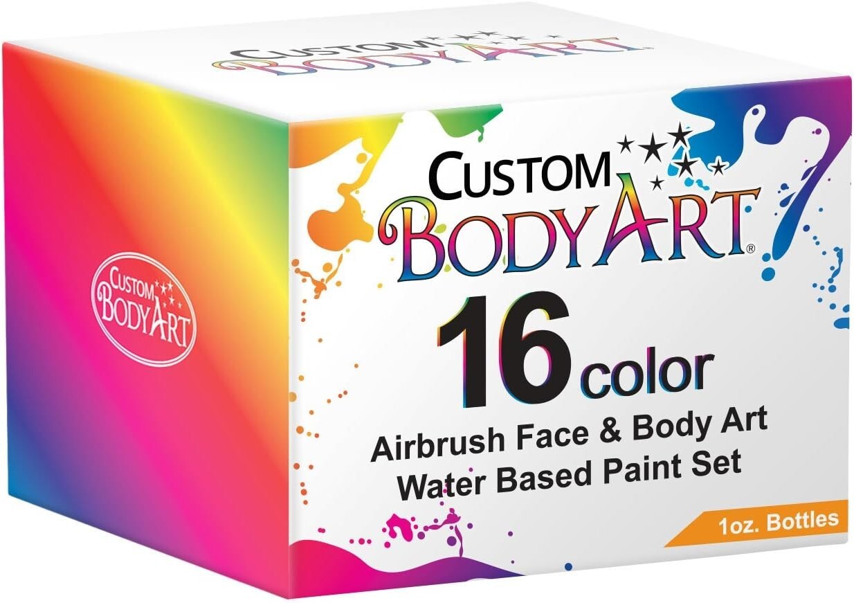 16 Color Kit 1-oz Water-Based Airbrush Colors, Skin-Safe Face & Body Paint