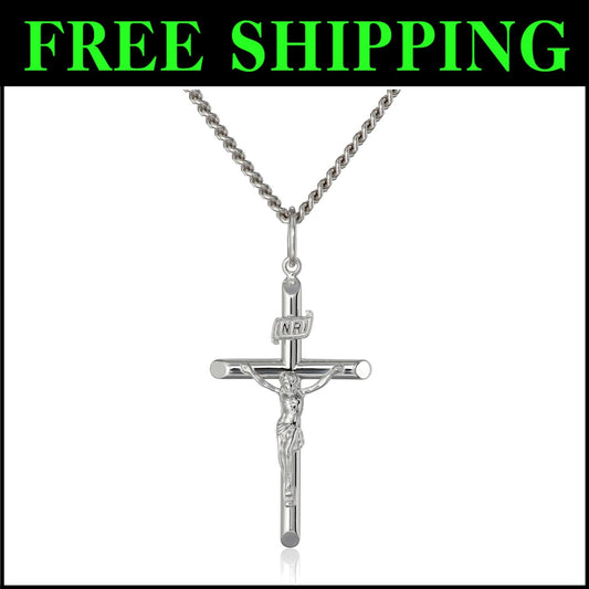 Elegant 24" Men's Cross Pendant Necklace in Sterling Silver and Steel - USA Made