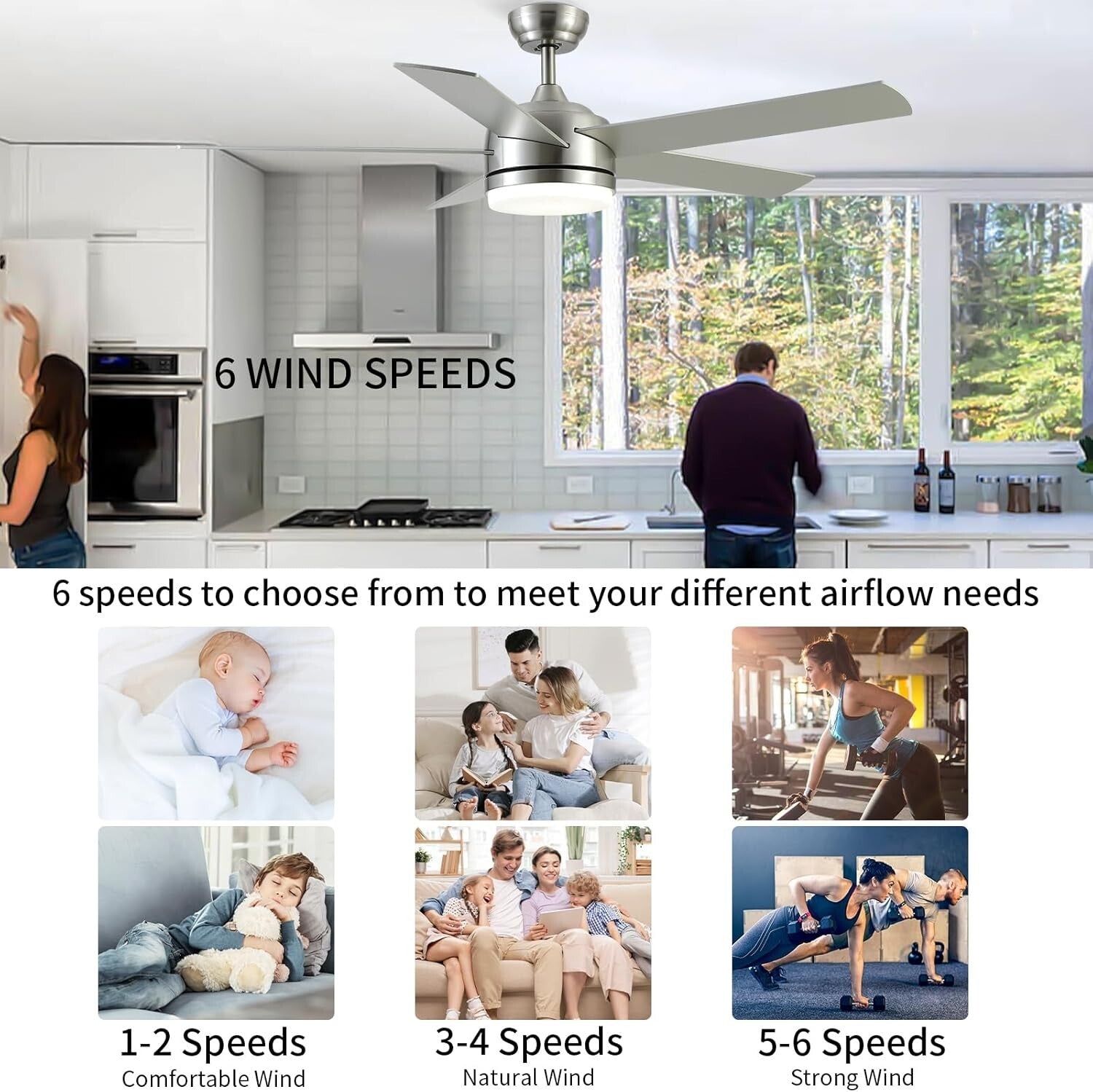 52-Inch Adjustable Ceiling Fan LED Light, 3 Color Temperatures & Remote Control