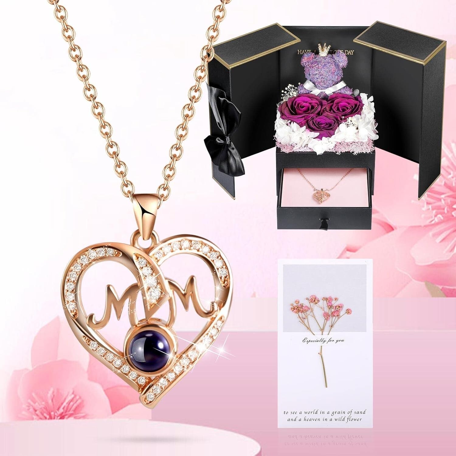 Charming Gift Set for Mom: Roses, Bear, and I Love You Necklace in Rose Gold