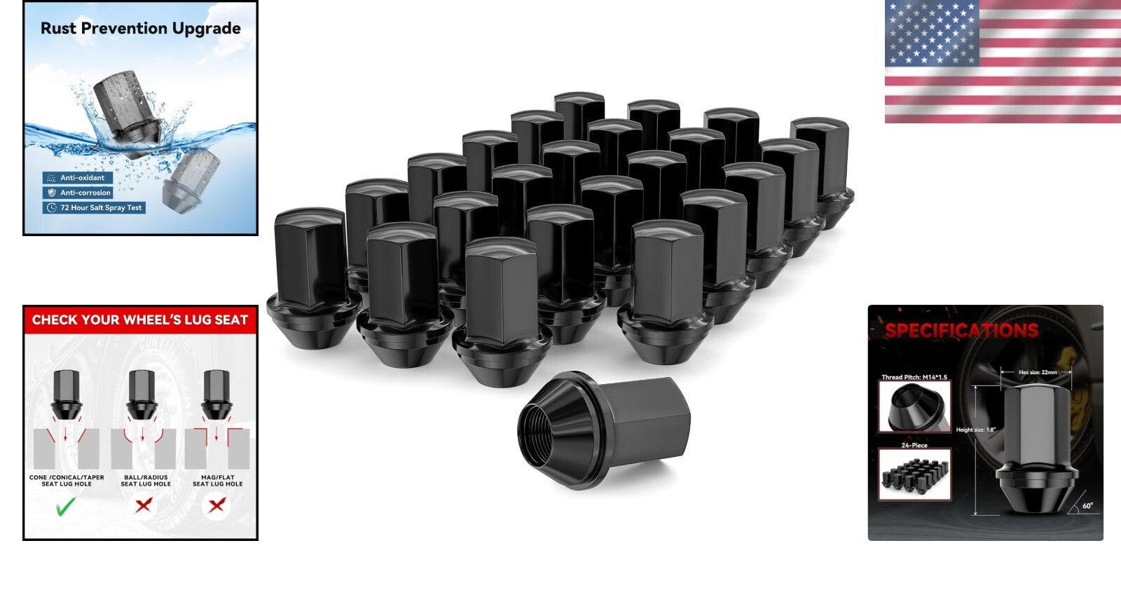 1.8" Height Acorn Seat Wheel Lug Nuts - 24pcs Black Finish for Silverado & More