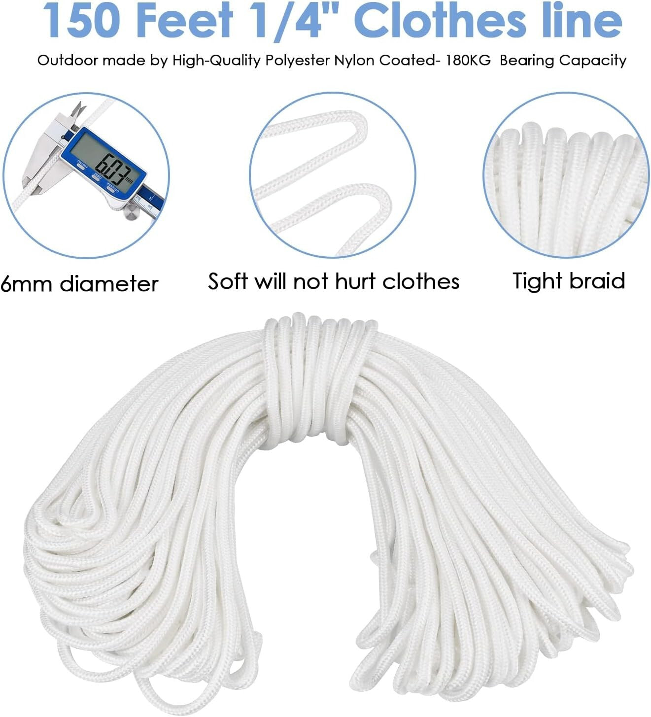 150ft Nylon Clothesline Pulley Kit - Rust-Resistant for Ultimate Outdoor Drying