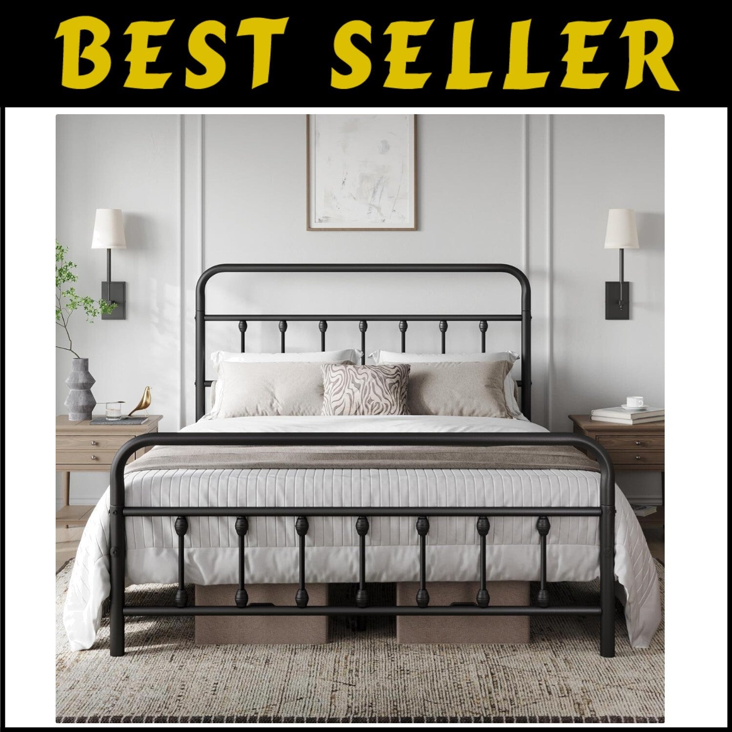 Traditional Black Iron Bed Frame with High Headboard & Quick Assembly - Queen