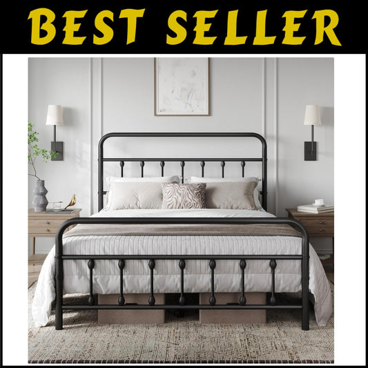 Traditional Black Iron Bed Frame with High Headboard & Quick Assembly - Queen