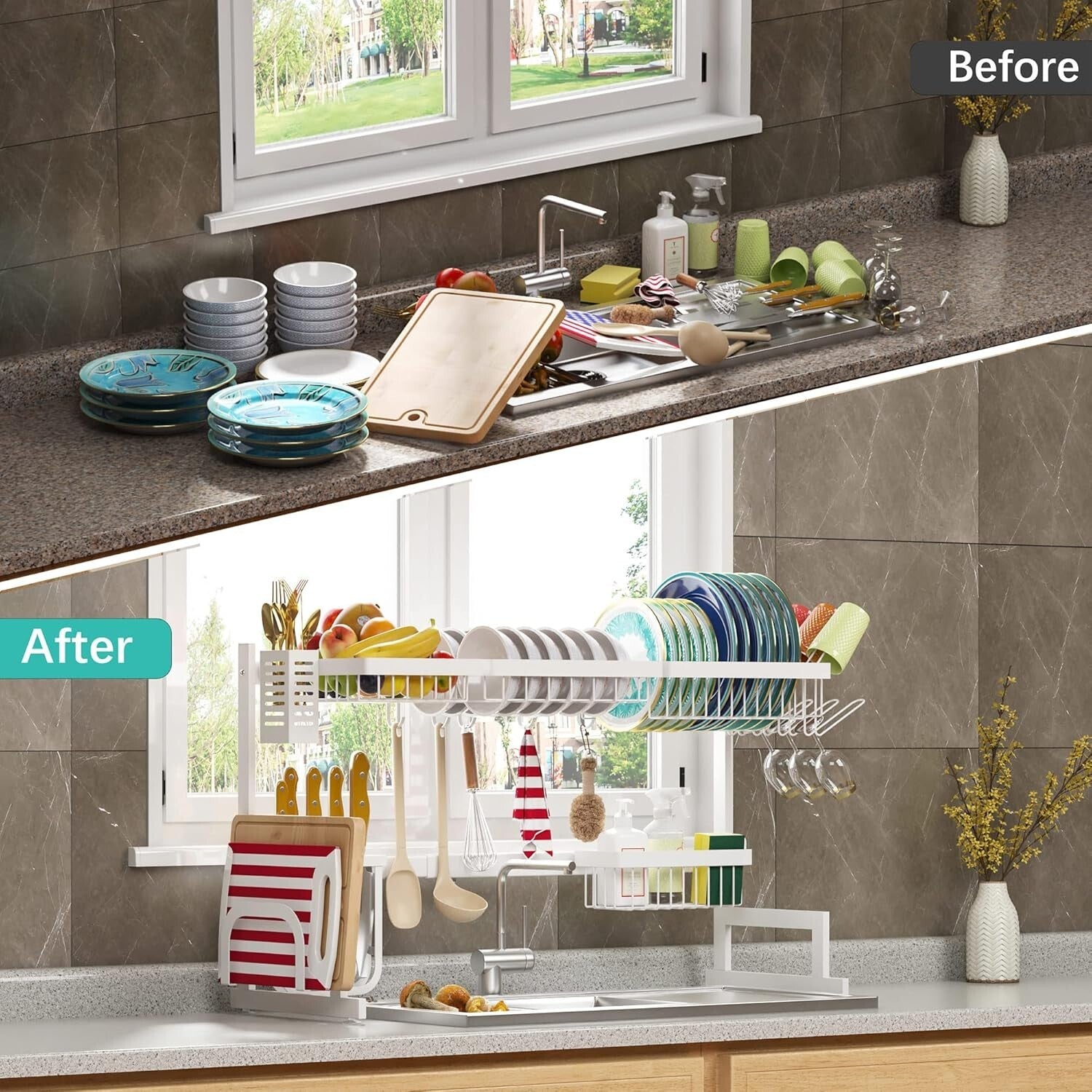 Adjustable Over Sink Dish Drying Rack - Stainless Steel 2-Tier Kitchen Organizer
