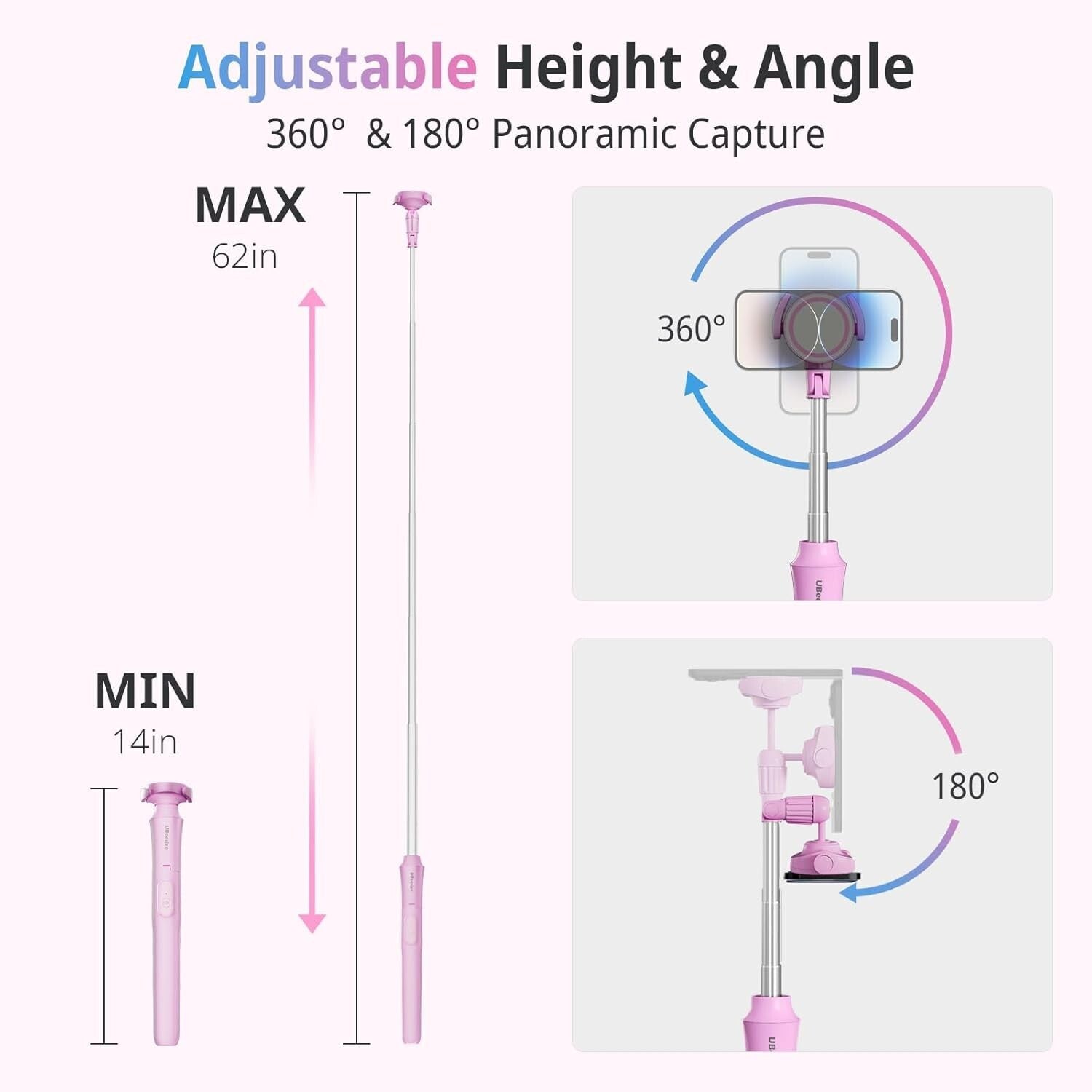 Aluminum 62-Inch Pink Selfie Stick & Phone Tripod with Magnetic Hold and Remote
