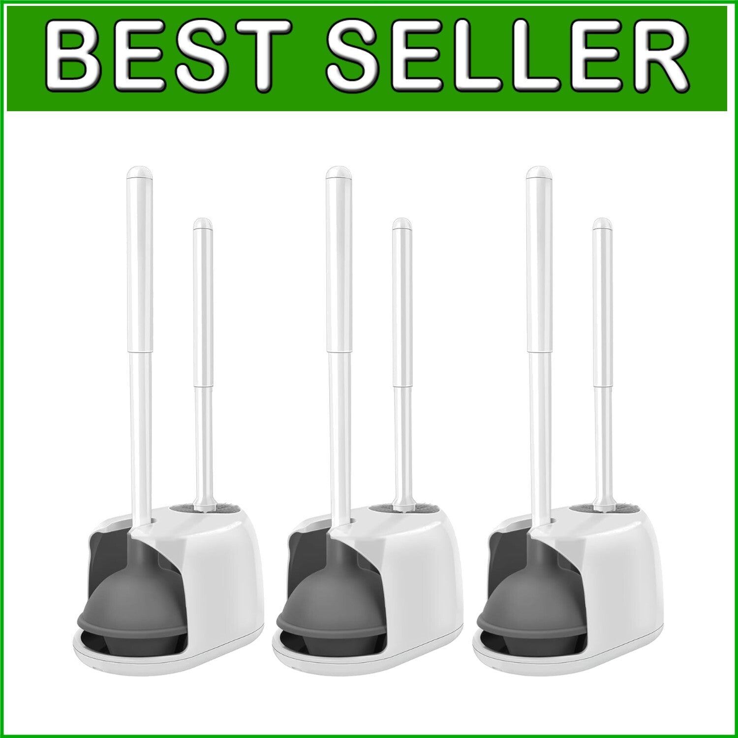 White Toilet Cleaning Set: 3-Piece Brush & Plunger with Convenient Caddy