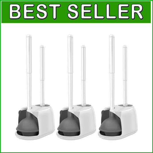 White Toilet Cleaning Set: 3-Piece Brush & Plunger with Convenient Caddy